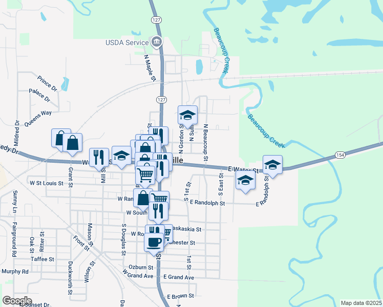 map of restaurants, bars, coffee shops, grocery stores, and more near 300 East Jackson Street in Pinckneyville