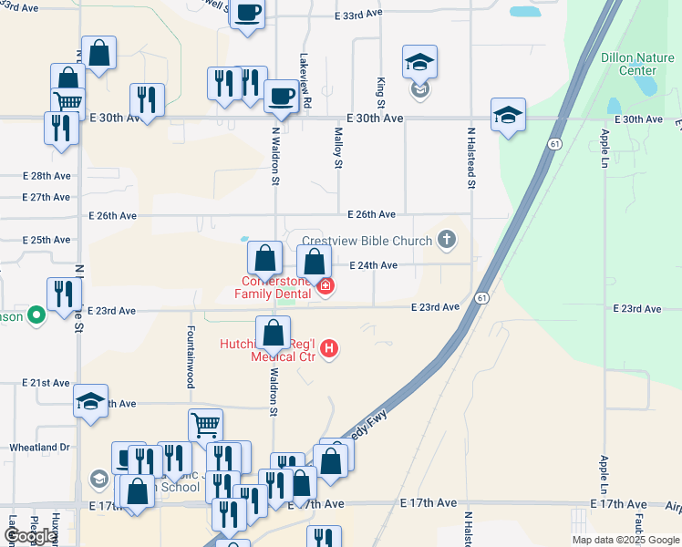 map of restaurants, bars, coffee shops, grocery stores, and more near 1717 East 24th Avenue in Hutchinson