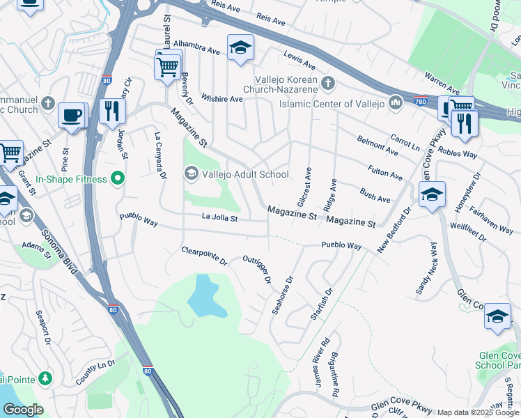 map of restaurants, bars, coffee shops, grocery stores, and more near 172 Luna Drive in Vallejo