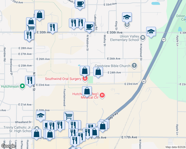 map of restaurants, bars, coffee shops, grocery stores, and more near 1709 East 24th Avenue in Hutchinson