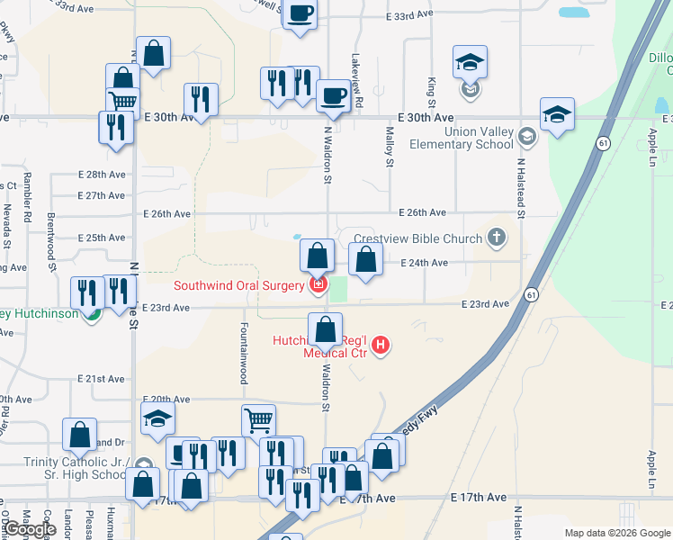 map of restaurants, bars, coffee shops, grocery stores, and more near 2319 North Waldron Street in Hutchinson