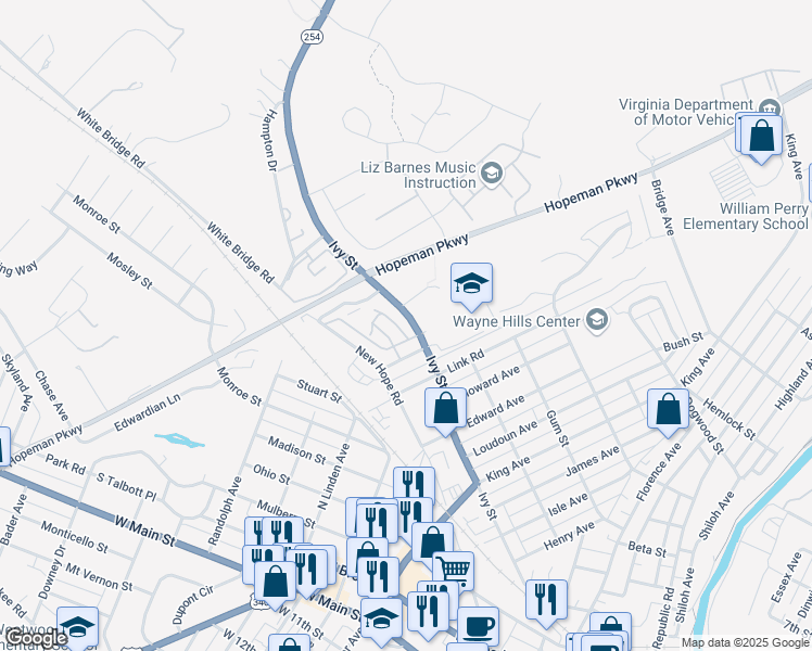 map of restaurants, bars, coffee shops, grocery stores, and more near 1730 Ivy Street in Waynesboro
