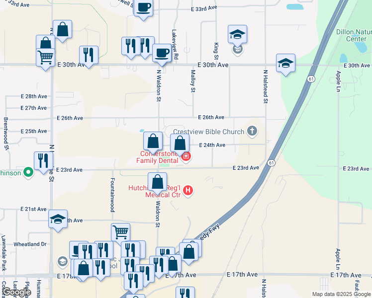 map of restaurants, bars, coffee shops, grocery stores, and more near 1717 East 24th Avenue in Hutchinson