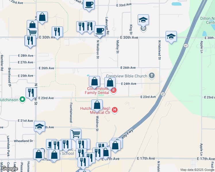 map of restaurants, bars, coffee shops, grocery stores, and more near 1709 East 24th Avenue in Hutchinson