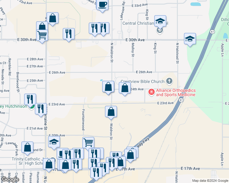 map of restaurants, bars, coffee shops, grocery stores, and more near 2319 North Waldron Street in Hutchinson