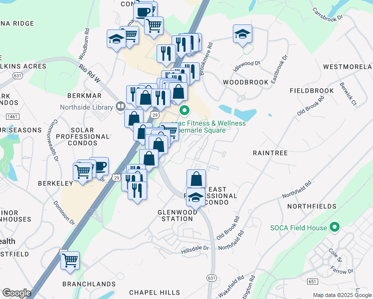 map of restaurants, bars, coffee shops, grocery stores, and more near 1810 Arden Creek Lane in Charlottesville