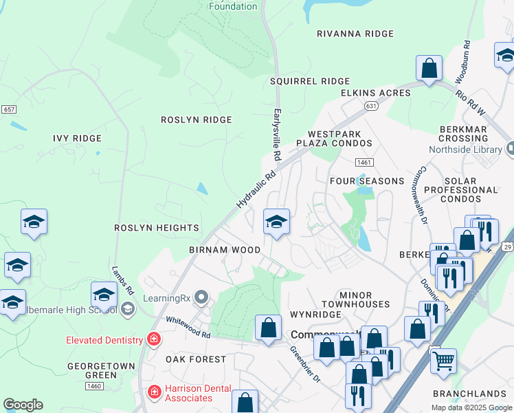 map of restaurants, bars, coffee shops, grocery stores, and more near 1636 Garden Court in Charlottesville