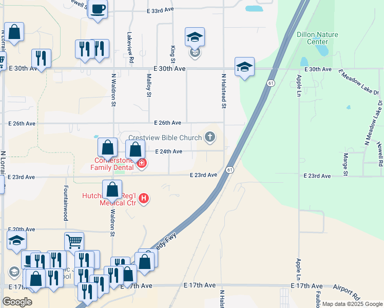 map of restaurants, bars, coffee shops, grocery stores, and more near 1818 East 23rd Avenue in Hutchinson
