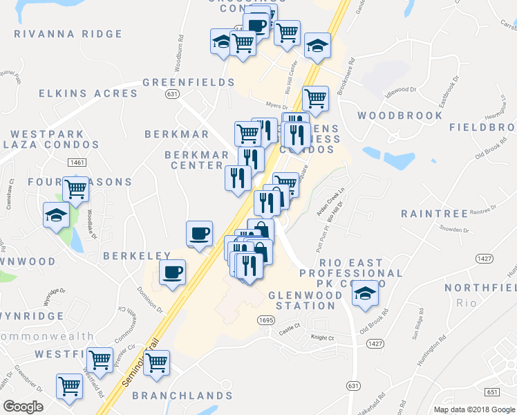 map of restaurants, bars, coffee shops, grocery stores, and more near 1650 Rio Road East in Charlottesville