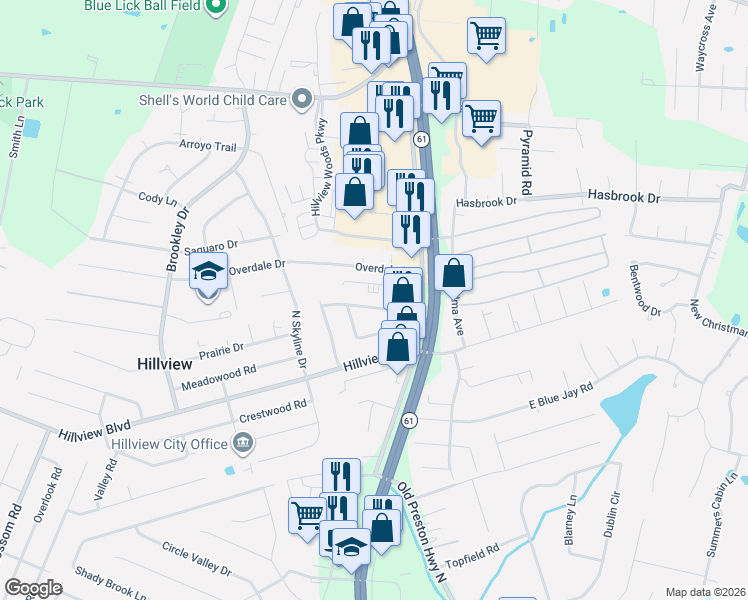 map of restaurants, bars, coffee shops, grocery stores, and more near 233 Knollwood Circle in Louisville