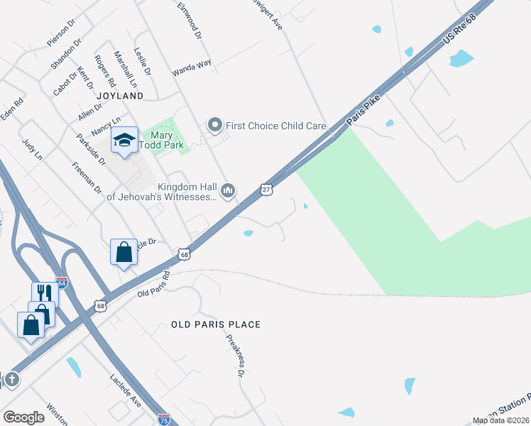 map of restaurants, bars, coffee shops, grocery stores, and more near 2408-2480 Paris Pike in Lexington