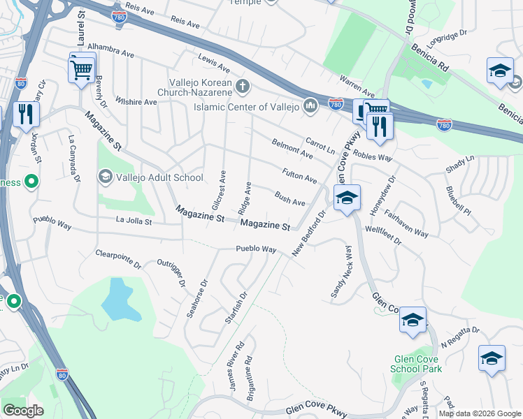 map of restaurants, bars, coffee shops, grocery stores, and more near 13 Aspen Court in Vallejo