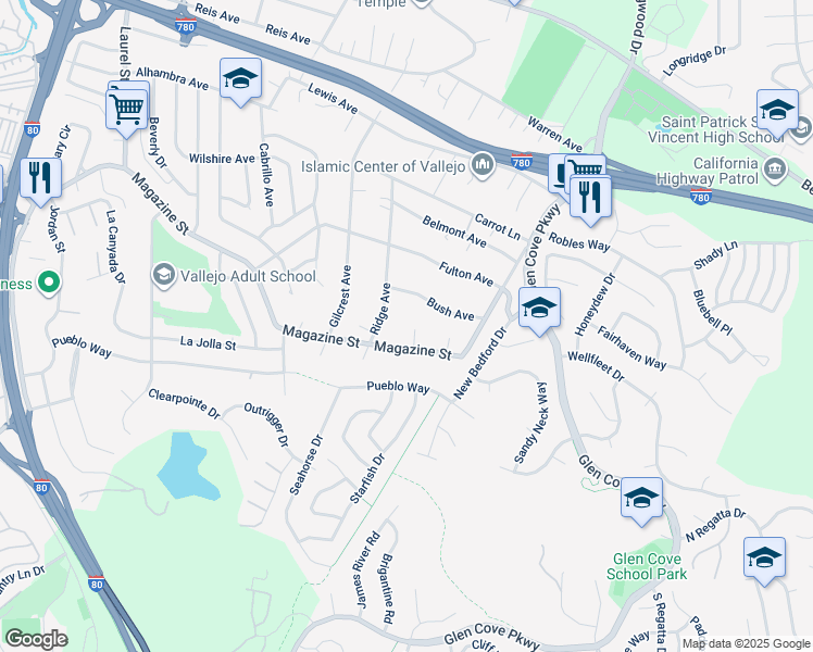 map of restaurants, bars, coffee shops, grocery stores, and more near 13 Aspen Court in Vallejo