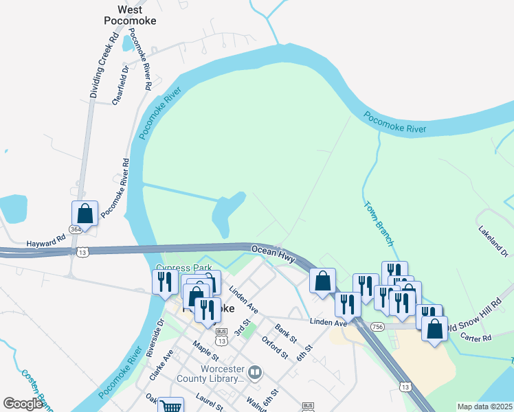 map of restaurants, bars, coffee shops, grocery stores, and more near 18 Greenway Avenue in Pocomoke City