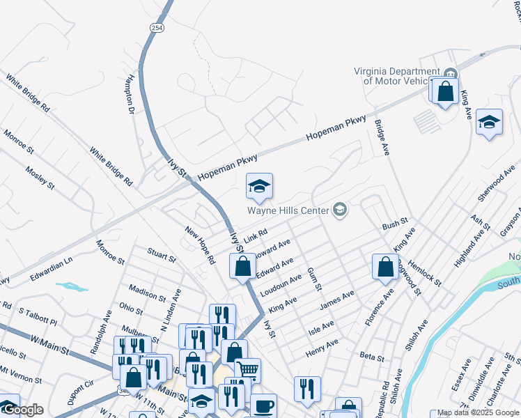 map of restaurants, bars, coffee shops, grocery stores, and more near 1625 Ivy Street in Waynesboro