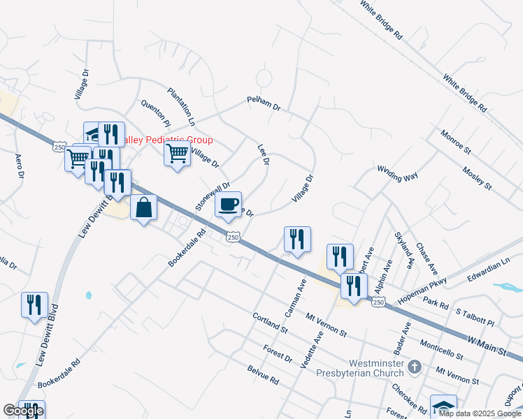 map of restaurants, bars, coffee shops, grocery stores, and more near 2605 Village Drive in Waynesboro