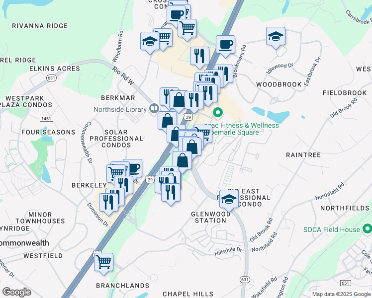 map of restaurants, bars, coffee shops, grocery stores, and more near 1639 Rio Road East in Charlottesville
