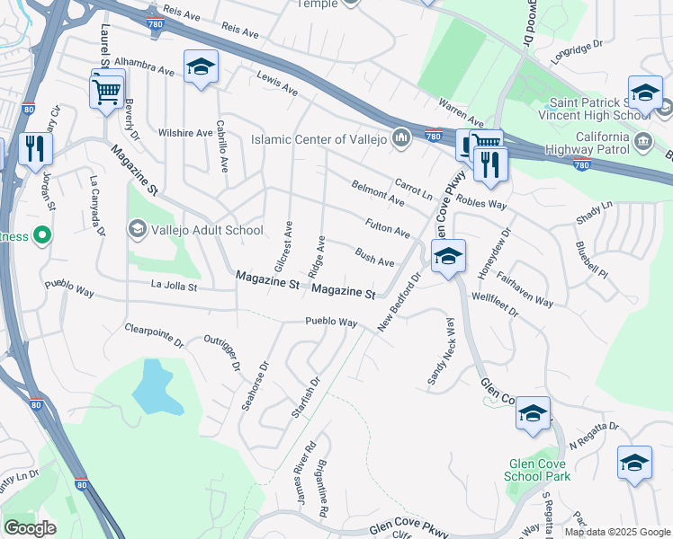 map of restaurants, bars, coffee shops, grocery stores, and more near 1900 Magazine Street in Vallejo
