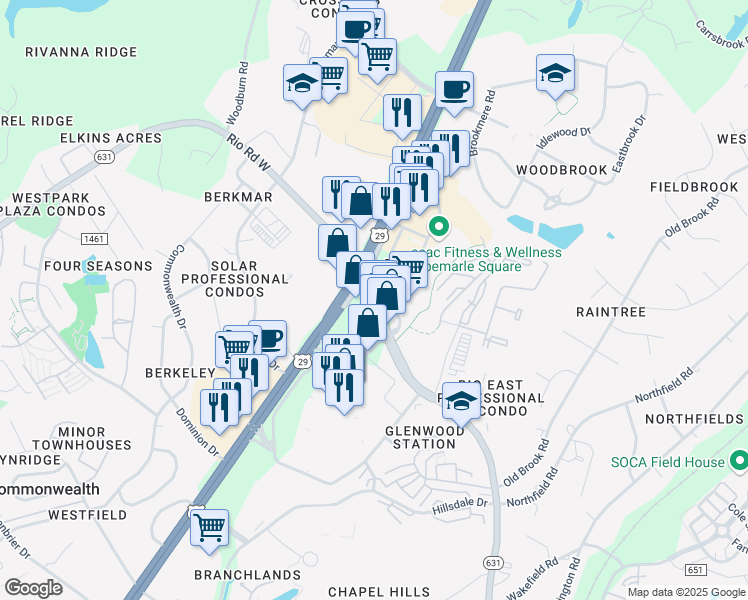 map of restaurants, bars, coffee shops, grocery stores, and more near 1650 Rio Rd E in Charlottesville