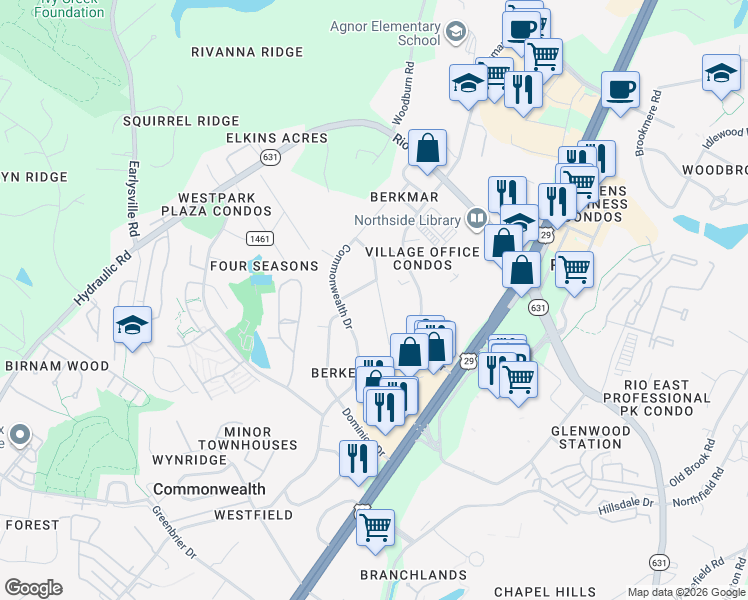 map of restaurants, bars, coffee shops, grocery stores, and more near 2221 Williamsburg Road in Charlottesville