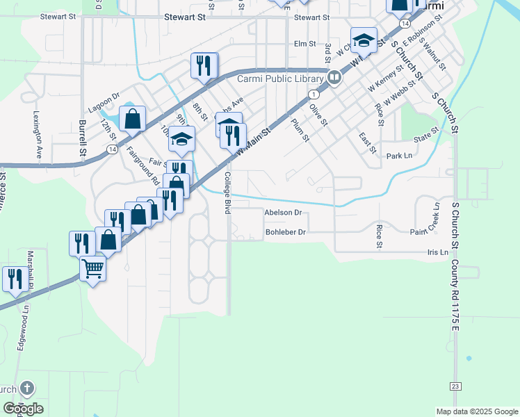 map of restaurants, bars, coffee shops, grocery stores, and more near 523 Abelson Drive in Carmi