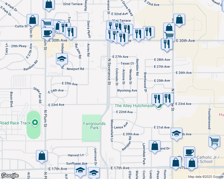 map of restaurants, bars, coffee shops, grocery stores, and more near 2402 North Severance Street in Hutchinson