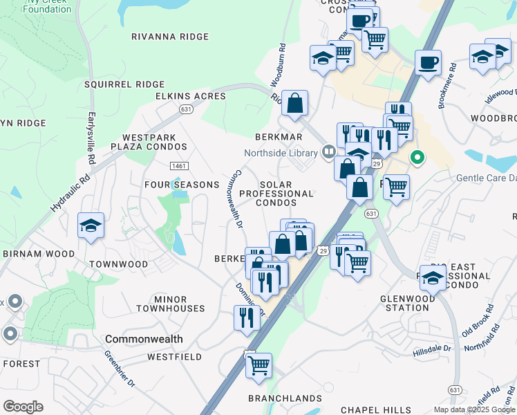 map of restaurants, bars, coffee shops, grocery stores, and more near 2225 Williamsburg Road in Charlottesville