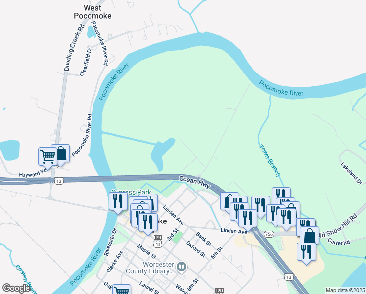 map of restaurants, bars, coffee shops, grocery stores, and more near 18 Greenway Avenue in Pocomoke City