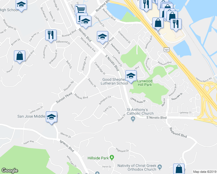 map of restaurants, bars, coffee shops, grocery stores, and more near 1202 Ridgeview Heights in Novato