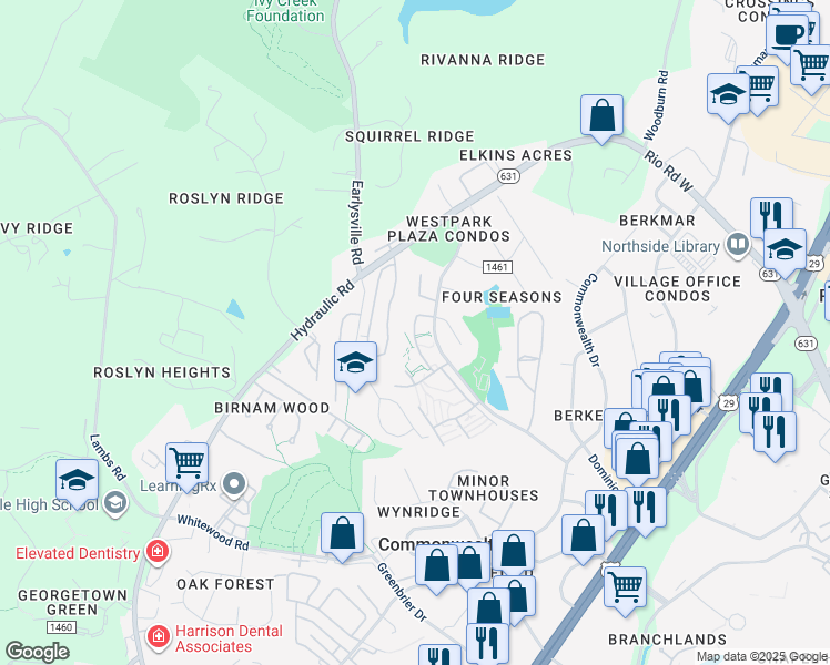 map of restaurants, bars, coffee shops, grocery stores, and more near 4214 Cypress Pointe Drive in Charlottesville