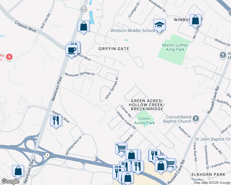 map of restaurants, bars, coffee shops, grocery stores, and more near 564 Asbury Lane in Lexington