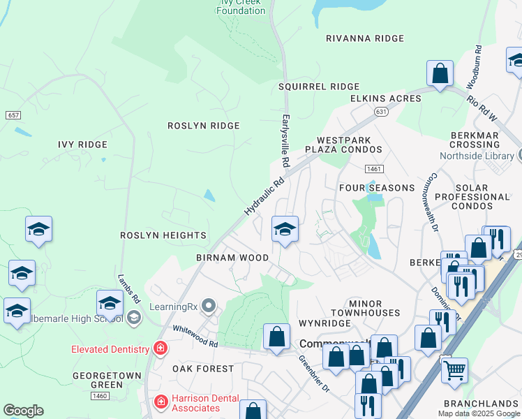 map of restaurants, bars, coffee shops, grocery stores, and more near 1648 Garden Court in Charlottesville