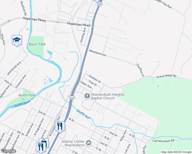 map of restaurants, bars, coffee shops, grocery stores, and more near 1004 Gardner Street in Waynesboro