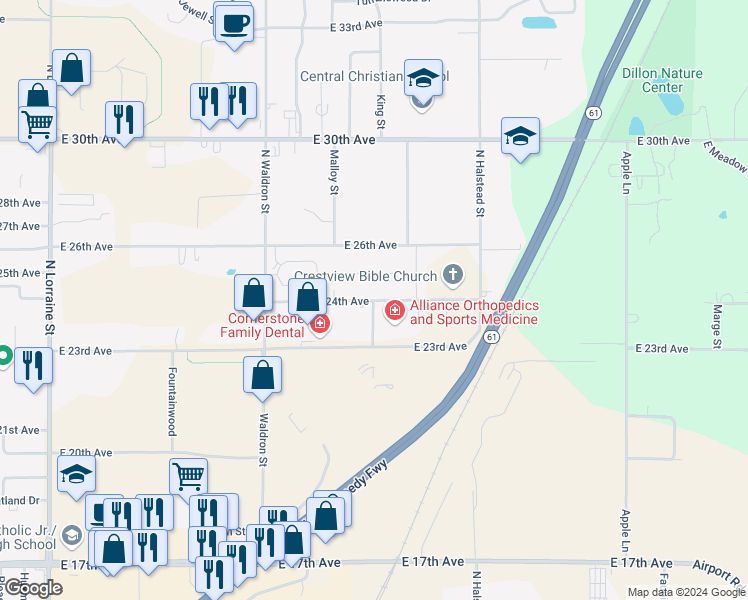 map of restaurants, bars, coffee shops, grocery stores, and more near 1730 Eastgate Place in Hutchinson
