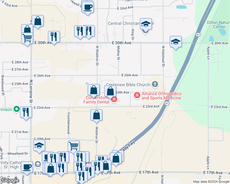 map of restaurants, bars, coffee shops, grocery stores, and more near 1717 East 24th Avenue in Hutchinson