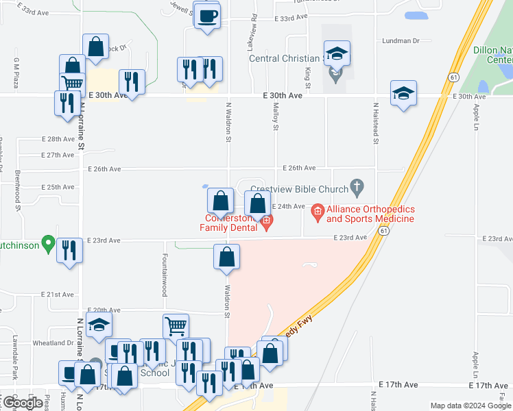 map of restaurants, bars, coffee shops, grocery stores, and more near 1709 East 24th Avenue in Hutchinson