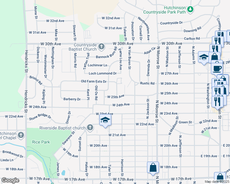 map of restaurants, bars, coffee shops, grocery stores, and more near 811 West 25th Avenue in Hutchinson