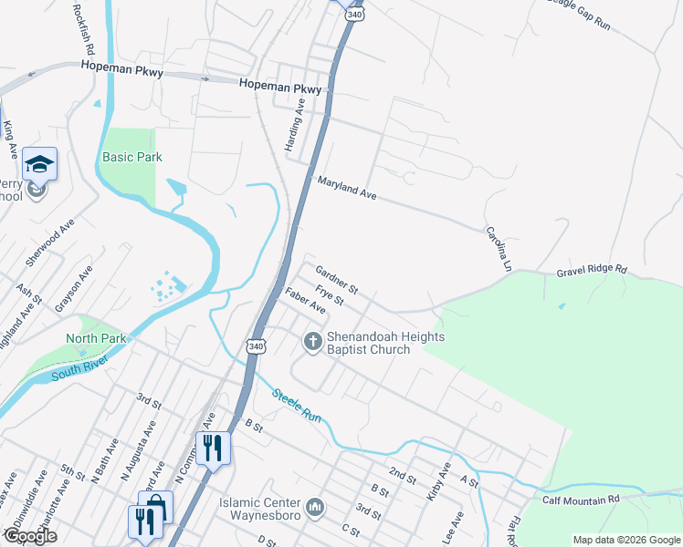 map of restaurants, bars, coffee shops, grocery stores, and more near 1004 Gardner Street in Waynesboro