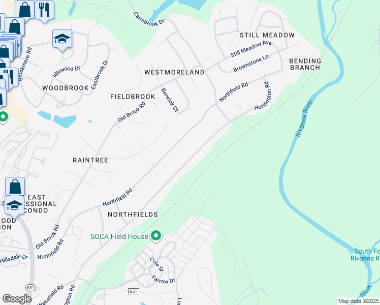 map of restaurants, bars, coffee shops, grocery stores, and more near 2707 Huntington Road in Charlottesville