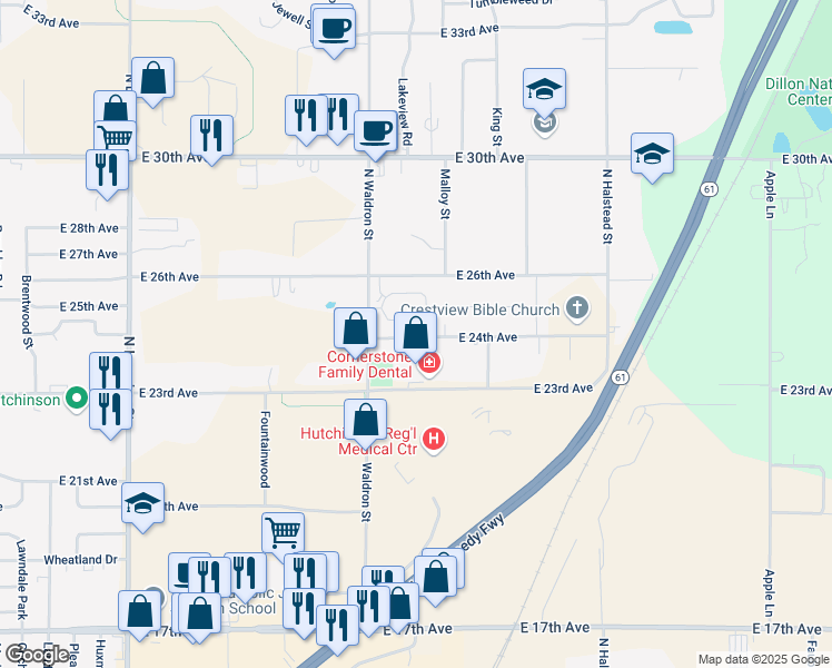 map of restaurants, bars, coffee shops, grocery stores, and more near 1712 East 24th Avenue in Hutchinson