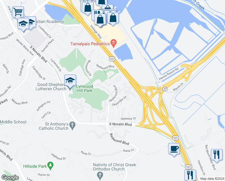 map of restaurants, bars, coffee shops, grocery stores, and more near 108 Scotia Lane in Novato