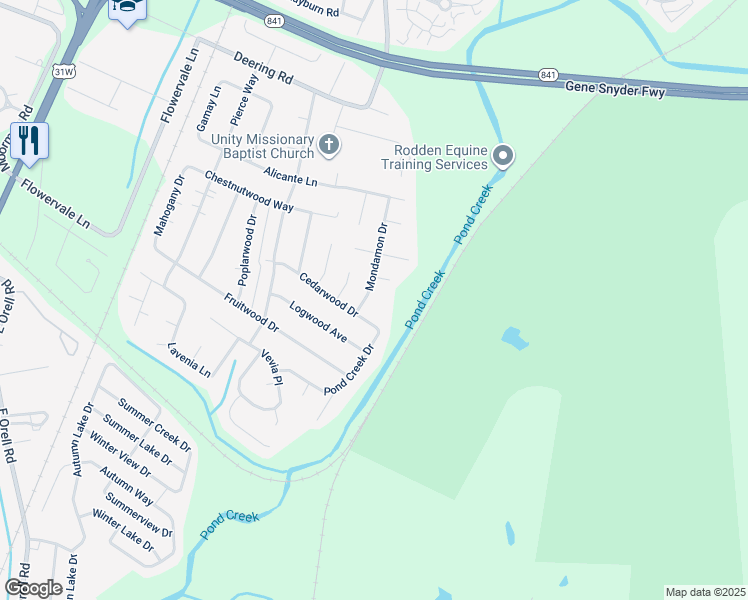 map of restaurants, bars, coffee shops, grocery stores, and more near 5405 Cedarwood Drive in Louisville