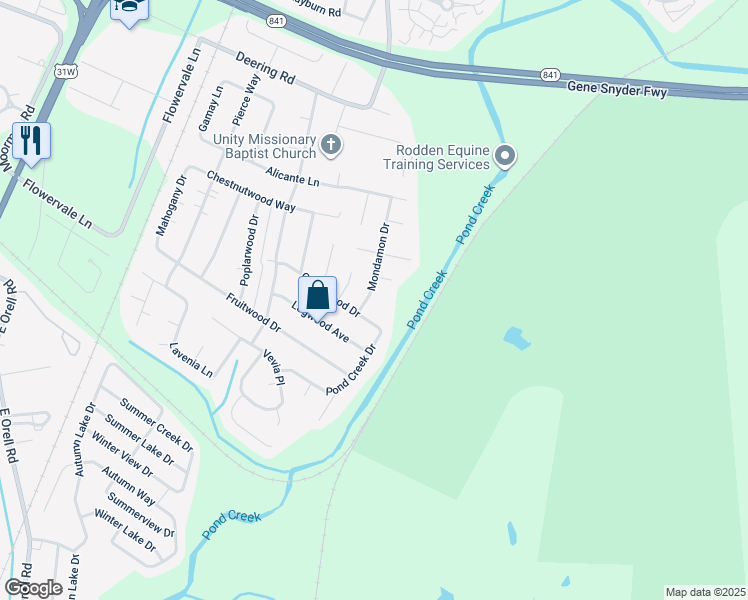 map of restaurants, bars, coffee shops, grocery stores, and more near 5405 Cedarwood Drive in Louisville