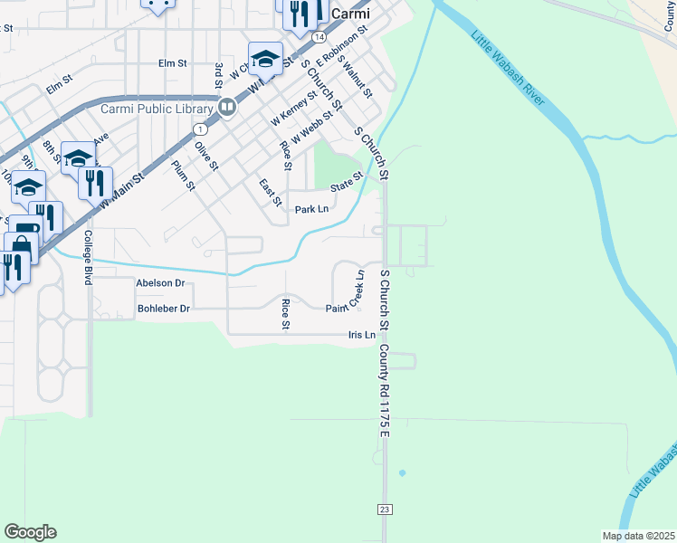 map of restaurants, bars, coffee shops, grocery stores, and more near 1-599 Tar Spring Drive in Carmi