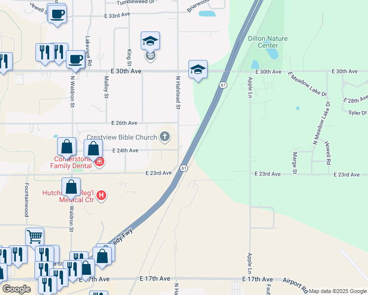 map of restaurants, bars, coffee shops, grocery stores, and more near 1300 East 33rd Avenue in Hutchinson