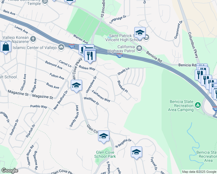 map of restaurants, bars, coffee shops, grocery stores, and more near 140 Valley Oak Lane in Vallejo