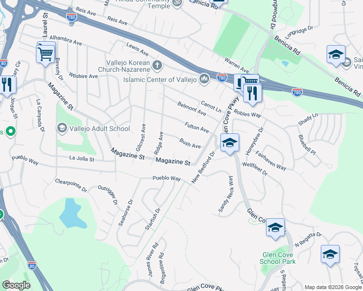 map of restaurants, bars, coffee shops, grocery stores, and more near 1146 Bush Avenue in Vallejo
