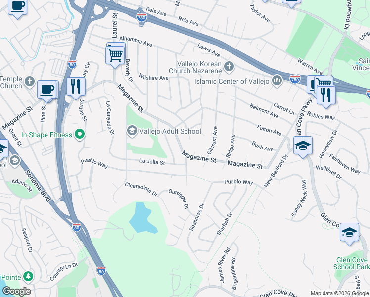 map of restaurants, bars, coffee shops, grocery stores, and more near 1558 Magazine Street in Vallejo