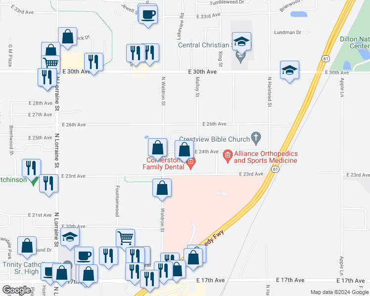 map of restaurants, bars, coffee shops, grocery stores, and more near 1710 East 24th Avenue in Hutchinson