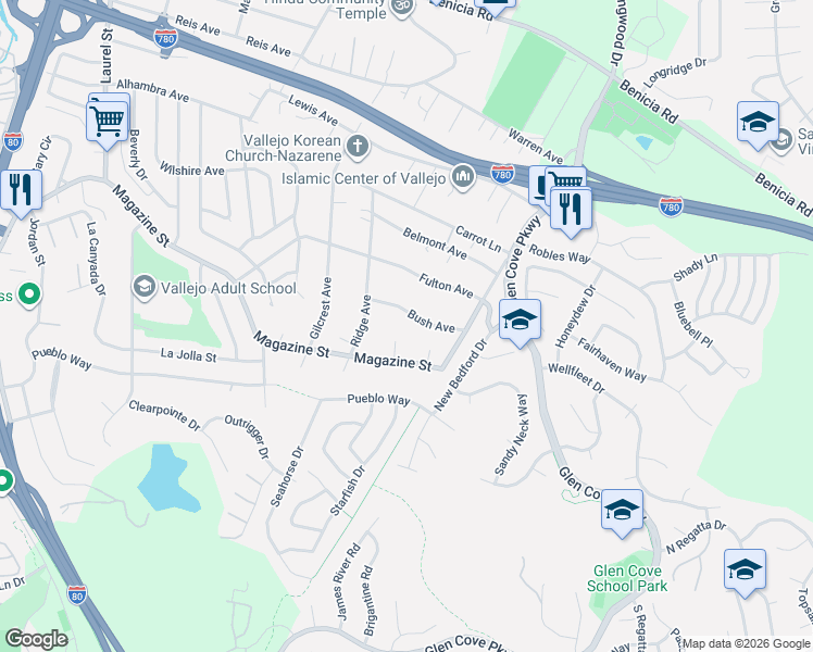 map of restaurants, bars, coffee shops, grocery stores, and more near 1181 Bush Avenue in Vallejo